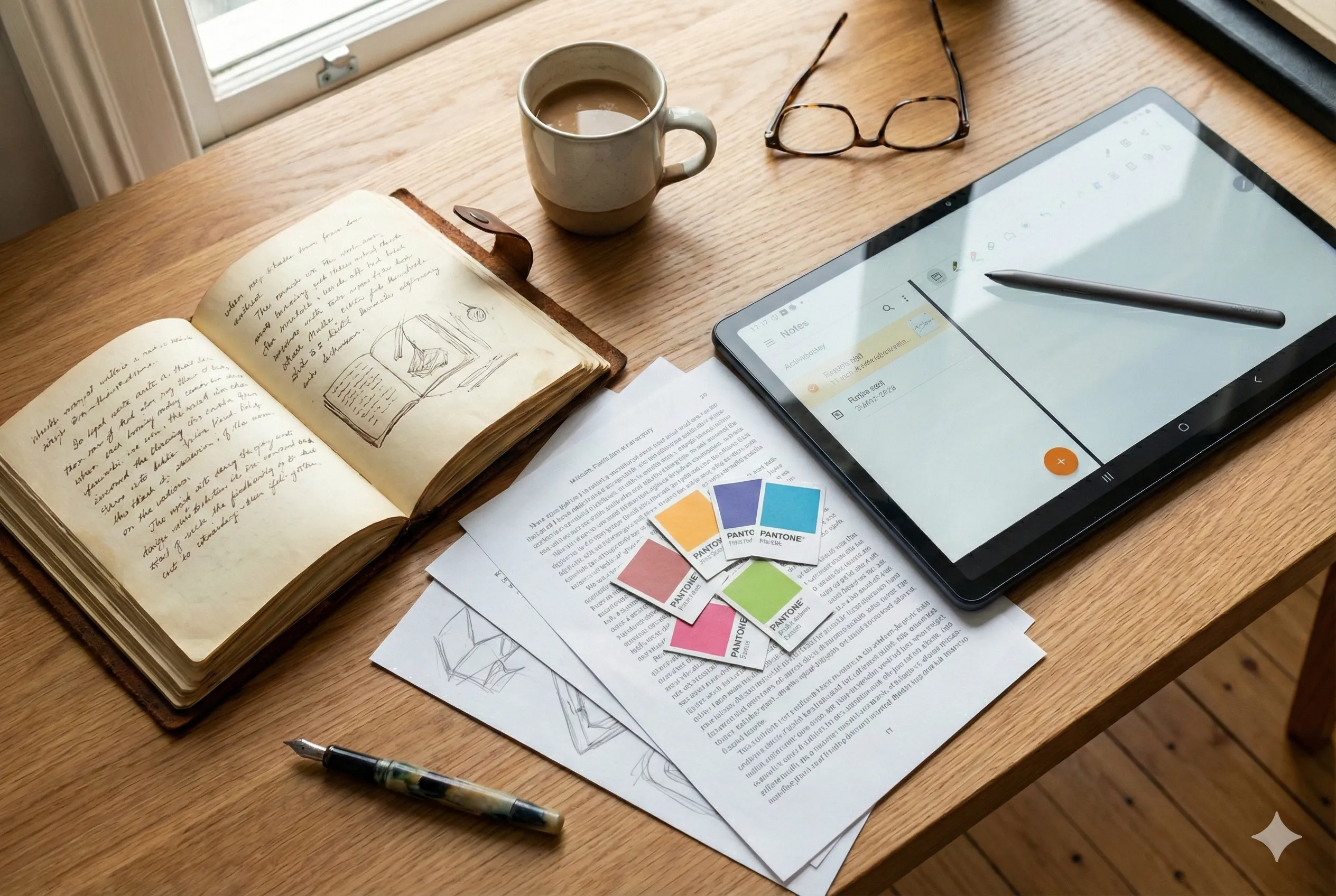 A desk with an open notebook, tablet, and Pantone colour swatches